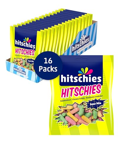 Hitschies Sour Mix - Fruchtig-saure & knackige Kaubonbons mit softem Kern - Erdbeere, Apfel, Aprikose & Zitrone - Glutenfrei & Halal - 16 x 140g von hitschie's