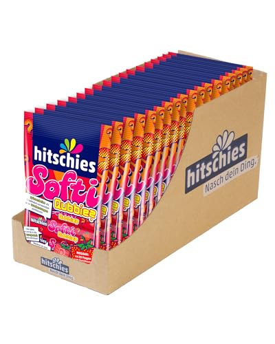 hitschies Softi Qubbies Erdbeere - Fruchtig-weiche Kaubonbons mit Fragespiel auf jedem Bonbon - Perfekt für Unterwegs - Glutenfrei & Halal - 18 x 80g von Hitschler