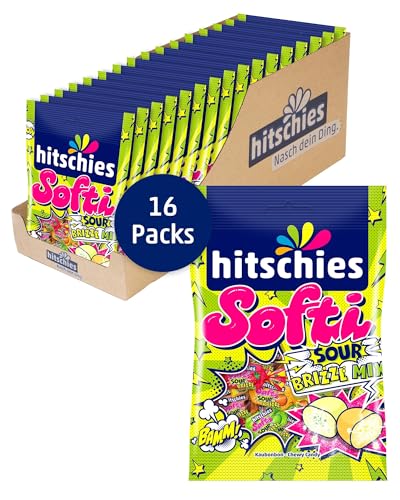 hitschies Softi Sour brizzl Mix - Fruchtig-saure Kaubonbons mit Brausepulver-Kern - Erdbeere, Apfel, Orange & Cola - Glutenfrei & Halal - 16 x 90g von Hitschler