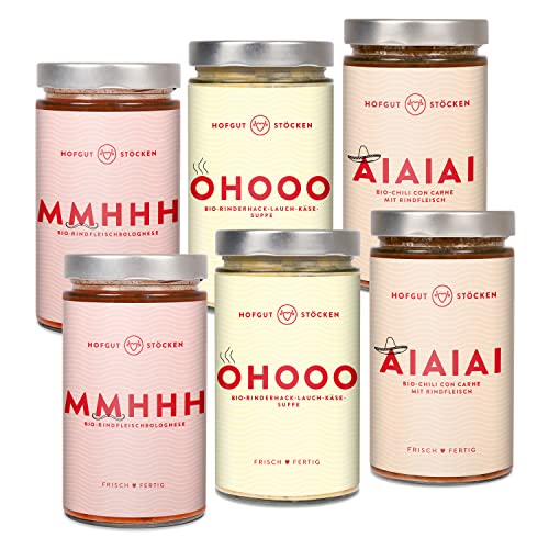 Hofgut Stöcken | Genießerpaket „Best of“ vom Testsieger | 6x 620ml Bio-Fertiggerichte im Glas | für Topf & Mikrowelle | Bio-Bolognese | Bio-Käse-Lauch-Suppe | Bio-Chili con Carne | mit Gelinggarantie Hofgut Stöcken | Genießerpaket „Best of“ vom Testsieger | 6x 620ml Bio-Fertiggerichte im Glas | für Topf & Mikrowelle | Bio-Bolognese | Bio-Käse-Lauch-Suppe | Bio-Chili con Carne | mit Gelinggarantie von Hofgut Stöcken