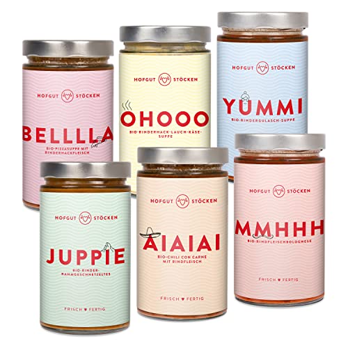 Hofgut Stöcken | Genießerpaket "Camper" vom Testsieger | 6x 620ml Bio-Fertiggerichte im Glas |Bio-Pizzasuppe|Bio-Käsesuppe|Bio-Gulaschsuppe|Bio-Rahmgeschnetzeltes|Bio-Chili con Carne|Bio-Bolognese Hofgut Stöcken | Genießerpaket "Camper" vom Testsieger | 6x 620ml Bio-Fertiggerichte im Glas |Bio-Pizzasuppe|Bio-Käsesuppe|Bio-Gulaschsuppe|Bio-Rahmgeschnetzeltes|Bio-Chili con Carne|Bio-Bolognese von Hofgut Stöcken
