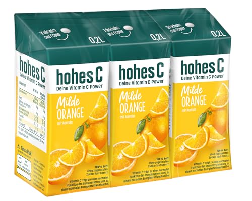 hohes C Milde Orange (3 x 0,2l), 100% Saft, Orangensaft, Vitamin C, ohne Zuckerzusatz laut Gesetz, weniger Säure, vegan von Hohes C