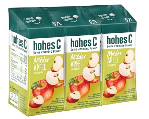 hohes C Milder Apfel (3 x 0,2l), 100% Saft, Apfelsaft, Vitamin C, ohne Zuckerzusatz laut Gesetz, weniger Säure, vegan von Hohes C