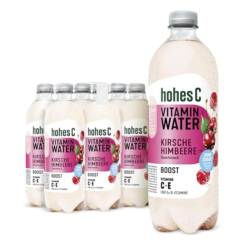 hohes C Vitamin Water Boost Kirsche & Himbeere (6 x 750ml), mehr Energie mit Multivitamin-Komplex: Vitamin C, B6, B12, B3, B5 & B7, nur 6kcal/100ml, ohne Zuckerzusatz & Süßungsmittel, vegan von Hohes C