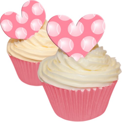 12 Essbare Kuchendekorationen-Herzen in Tennisball Design- Rosa / 12 Edible Wafer Cake Decorations: Love Heart Pink Tennis Balls von Holly Cupcakes