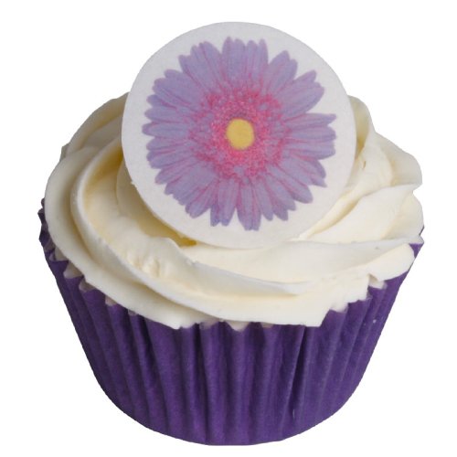 12 Essbare Kuchendekorationen-Runde, lila Auflagen in Gerbera Design /12 Edible Wafer Cake Decorations: Round Purple Gerbera Toppers von Holly Cupcakes