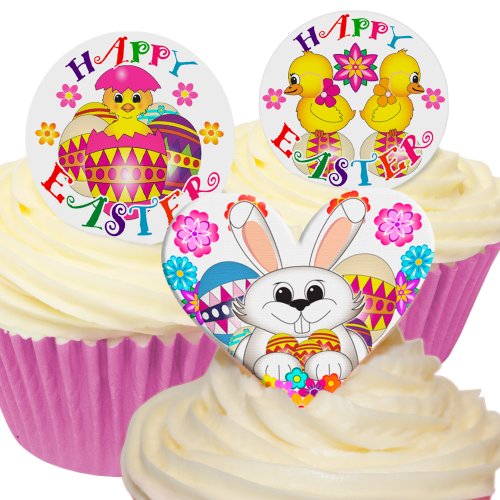 12 Gemischte Auflagen “Happy Easter” aus essbarem Papier /12 Edible Wafer Cake Decorations: Mixed Happy Easter Pack von Holly Cupcakes
