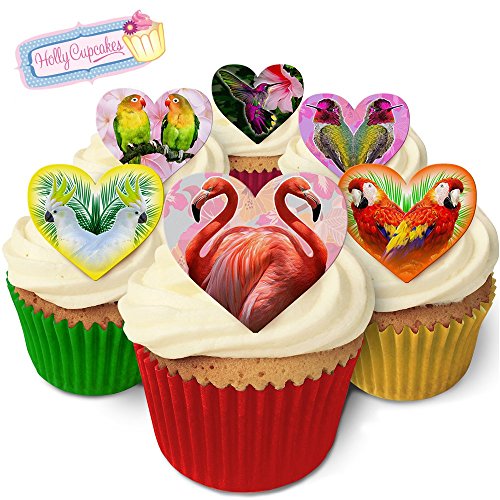 12 Herzkuchendekorationen mit tropischen Vögeln plus 12 frei kleinerenherz! / Tropical Birds Kitsch! von Holly Cupcakes