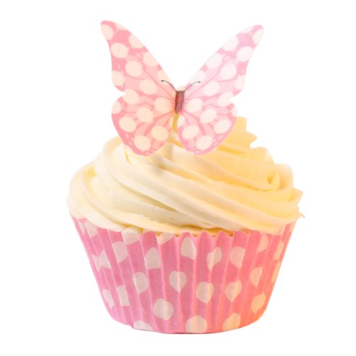 12 Pünktchen Design Essbare Schmetterlinge & Muffinförmchen : Babypink / 12 Edible Polka Dot Wafer Butterflies & Muffin Cases: Baby Pink von Holly Cupcakes