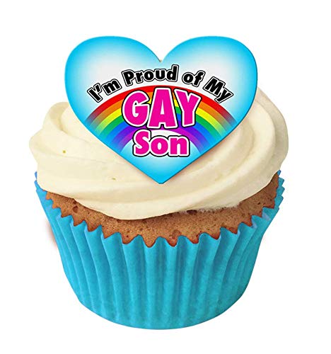 12 essbare "I'm Proud of My Gay Son"-Kuchendekorationen, plus 12 frei kleineren Regenbogenherzen! von Holly Cupcakes