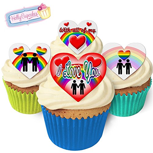 12 essbare Schwulenpärchen-Herzkuchendekorationen, plus 12 frei kleinerenherz! / Male Gay Love Hearts von Holly Cupcakes