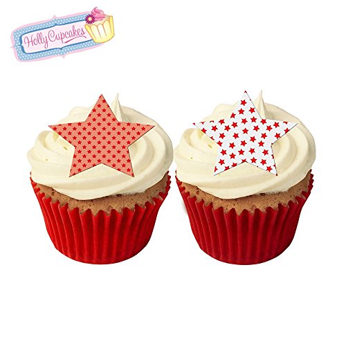 12 essbare rot Sterne-Kuchendekorationen im Weinlese Pünktchen Design, plus 12 frei kleinerensterne! von Holly Cupcakes