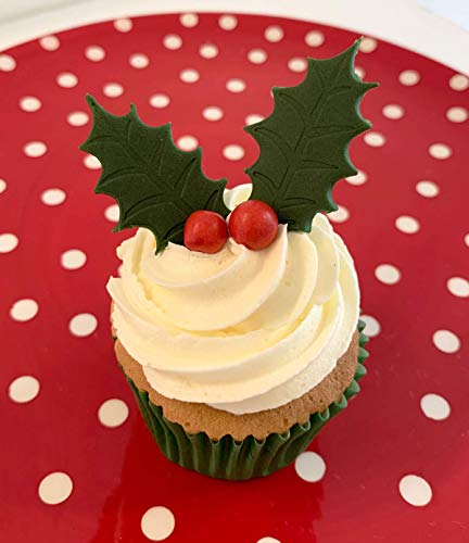 48 Zucker-Stechpalmenblätter und 48 rote Schokoladen-Stechpalmenbeeren, essbar und handgefertigt in Großbritannien. von Holly Cupcakes