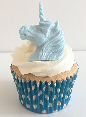 6 Handgemachte Kuchendekorationen aus Zucker: Blau Sparkle Einhorn Köpfe / 6 Blue Sparkly Unicorn Heads von Holly Cupcakes