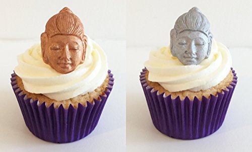 6 Handgemachte Kuchendekorationen aus Zucker: Gold & Silber Buddha Köpfe von Holly Cupcakes