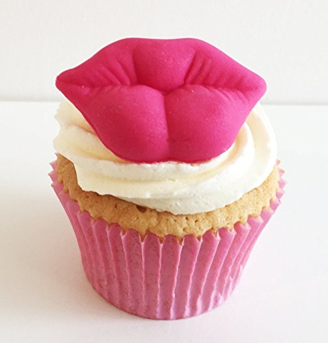 6 Handgemachte Kuchendekorationen aus Zucker: Große Dunkelrosa Lippen von Holly Cupcakes