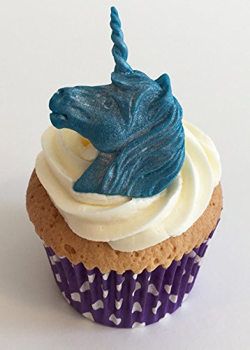 6 Handgemachte Kuchendekorationen aus Zucker: Pfau-blauer Schein / 6 Sparkly Peacock Blue Unicorn Heads von Holly Cupcakes