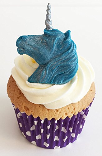 6 Handgemachte Kuchendekorationen aus Zucker: Pfaublau mit Silberhörnern/ 6 Peacock Blue Unicorn Heads with Silver Horns von Holly Cupcakes
