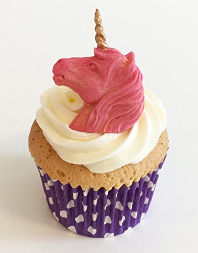 6 Handgemachte Kuchendekorationen aus Zucker: Pink mit Goldhörnern / 6 Bright Pink Unicorn Heads with Gold Horns von Holly Cupcakes