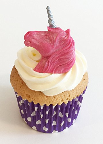 6 Handgemachte Kuchendekorationen aus Zucker: Pink mit Silberhörnern / 6 Bright Pink Unicorn Heads with Silver Horns von Holly Cupcakes