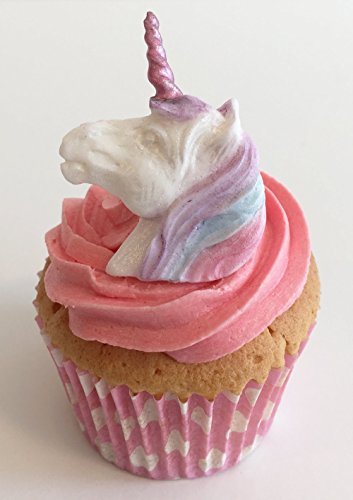 6 Handgemachte Kuchendekorationen aus Zucker: Regenbogen mit rosa Horn / 6 Rainbow Unicorn Heads with Pink Horns von Holly Cupcakes
