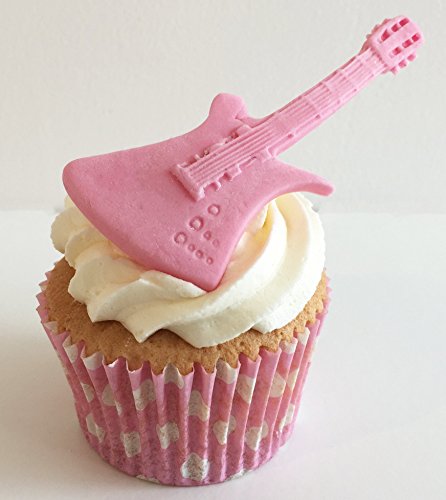 6 Handgemachte Kuchendekorationen aus Zucker: Rosa Gitarren / 6 Pink Sugar Guitars von Holly Cupcakes