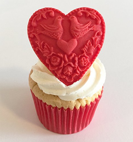 6 Handgemachte Kuchendekorationen aus Zucker: Rot Lovebird Herzen / 6 Red Sugar Lovebird Hearts von Holly Cupcakes