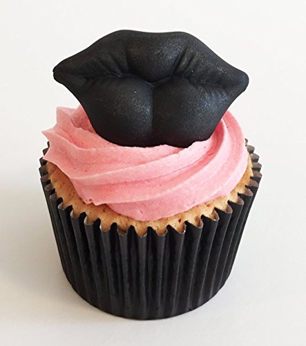 6 Handgemachte Kuchendekorationen aus Zucker: Schwarze glitzernde Lippen von Holly Cupcakes