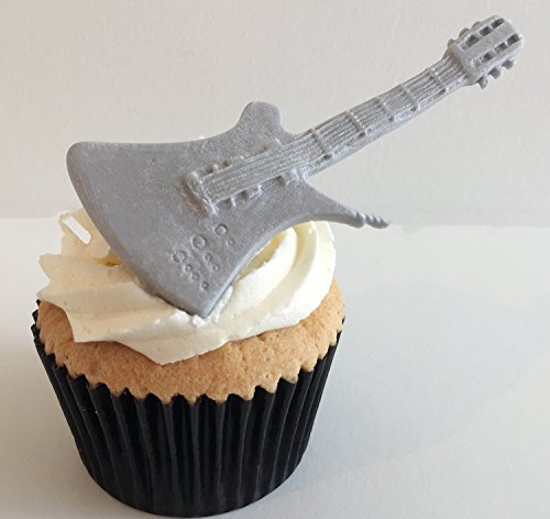 6 Handgemachte Kuchendekorationen aus Zucker: Silber Gitarren / 6 Silver Sugar Guitars von Holly Cupcakes