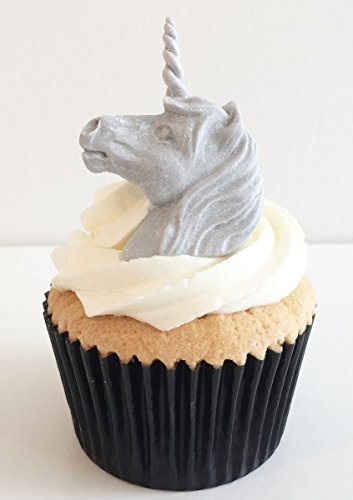 6 Handgemachte Kuchendekorationen aus Zucker: Silber Sparkle Einhorn Köpfe / 6 Silver Sparkly Unicorn Heads von Holly Cupcakes