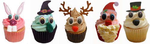 Dekorations-Set zum kreieren von 6 Osterhasen-Cupcakes, 6 Halloween Hexen-Cupcakes, 6 Weihnachtsmann Cupcakes, 6 Weihnachten Schneemann Cupcakes & 6 Rudolph Cupcakes von Holly Cupcakes