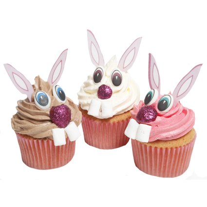 Dekorationset für 24 Osterhasen-Cupcakes / Set to decorate 24 Easter Bunny cupcakes, including 24 chocolate noses, 24 pairs of eyes and 24 pairs of ears. von Holly Cupcakes
