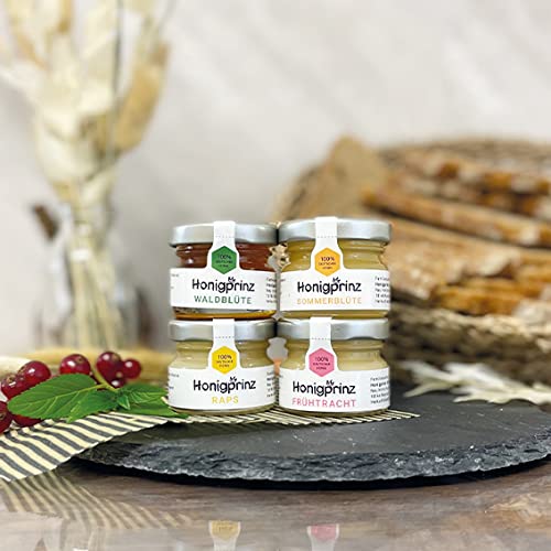 Honigprinz 28 g Honiggläser 4er Set - Familien-Imkerei - 100% Deutscher Honig - Probierset/Geschenkset - Ideal zum Verschenken Honigprinz 28 g Honiggläser 4er Set - Familien-Imkerei - 100% Deutscher Honig - Probierset/Geschenkset - Ideal zum Verschenken von Honigprinz