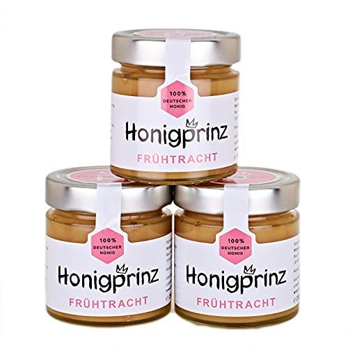 Honig Frühtrachthonig 100% Deutscher Blütenhonig [3 x 250 Gramm] cremiger Honig, ursprünglicher und natürlicher Honiggenuss, Honigprinz Familien-Imkerei von Honigprinz