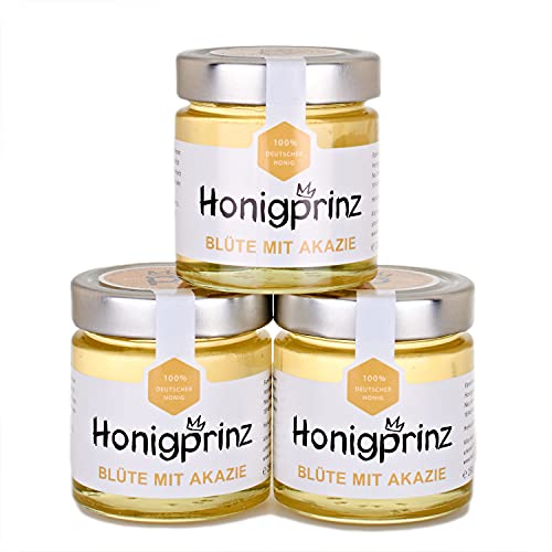 Honig Akazienhonig 100% Deutscher Blütenhonig [3 x 250 Gramm] Robinien - Akazien Honig ursprünglicher und natürlicher Honiggenuss, Honigprinz Familien - Imkerei von Honigprinz