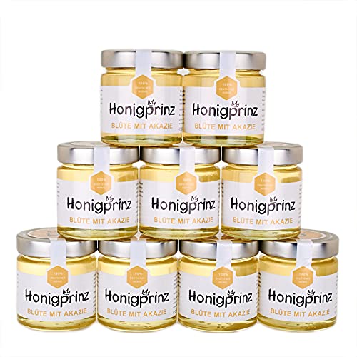 Honig Akazienhonig 100% Deutscher Blütenhonig [9 x 250 Gramm] Robinien - Akazien Honig ursprünglicher und natürlicher Honiggenuss, Honigprinz Familien - Imkerei von Honigprinz