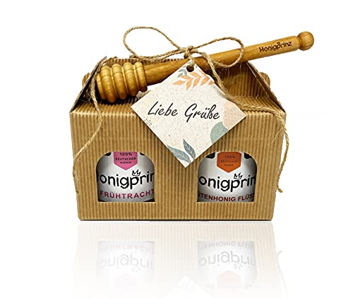 Honig Geschenkset "LIEBE GRÜßE" mit Honiglöffel aus Buchenholz und Grußkarte - 1x250g Sanddorn cremig und 1x250g Frühtracht cremig - 100% Deutscher Honig Honigprinz Familien-Imkerei von Honigprinz