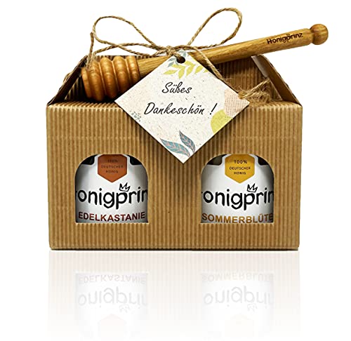 Honig Geschenkset "SÜßES DANKESCHÖN" mit Honiglöffel aus Buchenholz und Grußkarte - 1x250g Frühtracht cremig und 1x250g Sommerblüte cremig - 100% Deutscher Honig Honigprinz Familien-Imkerei von Honigprinz