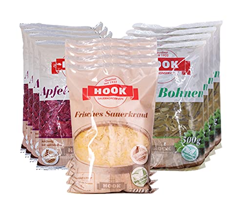 HOOK - Omas Liebste XXL - Probierset: 4 x HOOK Apfelrotkohl, 4 x HOOK Frisches Sauerkraut, 4 x HOOK Saure Bohnen (je 500g) von Hook