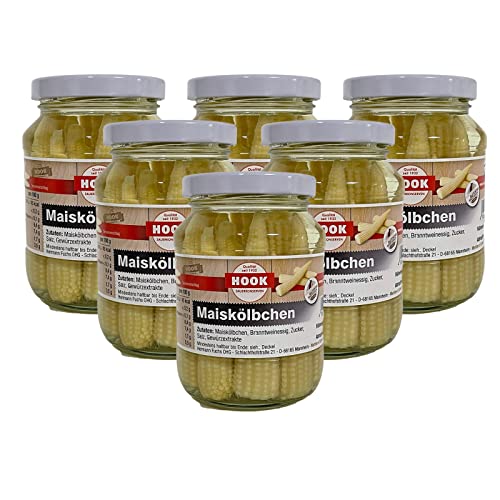 Hook - Maiskölbchen, 6 x 190 g Glas, köstliche Beilage zu jeder Mahlzeit, reich an Nährstoffen wie Ballaststoffen, Vitaminen und Mineralstoffen, zu Fleisch, Fisch oder vegetarischen Gerichten von Hook