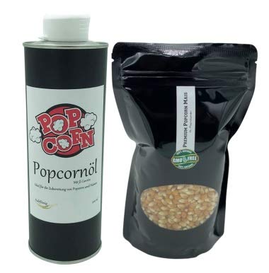 Geschenkset Popcornset Popcorn Fett Popcorn Öl 0,5 Liter halbflüssig 0,5 Kg Premium Popcorn von Hopser Food Fun