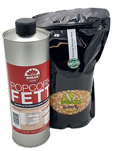 Popcornset Butterfly Popcorn Fett Popcorn Öl 1 Liter Halbflüssig mit Beta Carotin Plus 1 Kg Premium Kinopopcorn von Hopser Food Fun