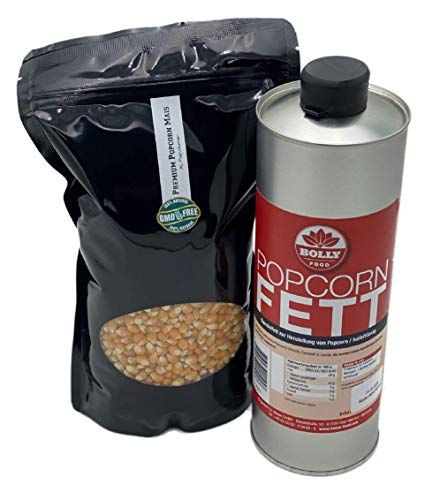 Popcornset Popcorn Fett Popcorn Öl 1 Liter halbflüssig plus 1 Kg Premium Kinopopcorn von Hopser Food Fun