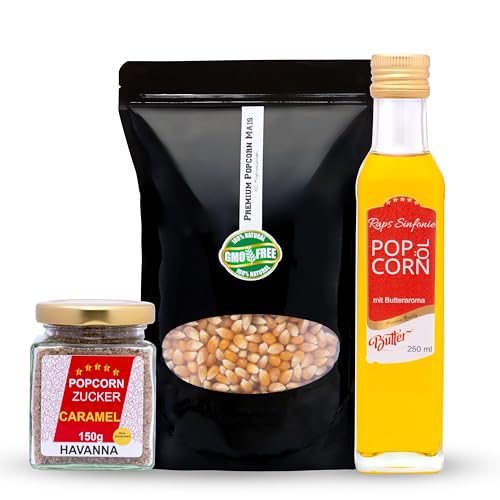 Hopser Food Fun Partyset 500g Popcornmais,250ml Popcorn mit Butteraroma und 150g Karamellzucker Popcornset für Popcornmaschine von Hopser Food Fun