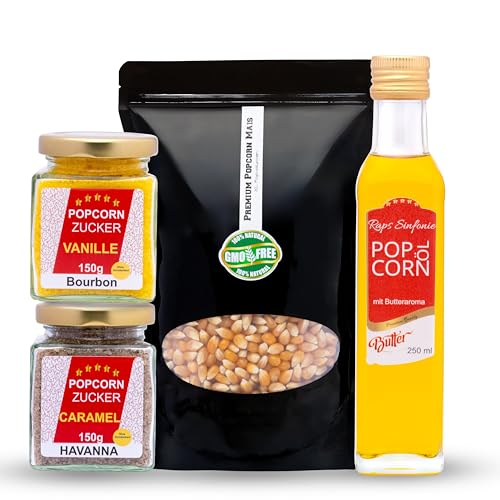 Hopser Food Fun Partyset 500g Popcornmais,250ml Popcornöl mit Butteraroma,150g Popcorn-Zucker Vanille und 150g Karamellzucker Popcornset für Popcornmaschine von Hopser Food Fun