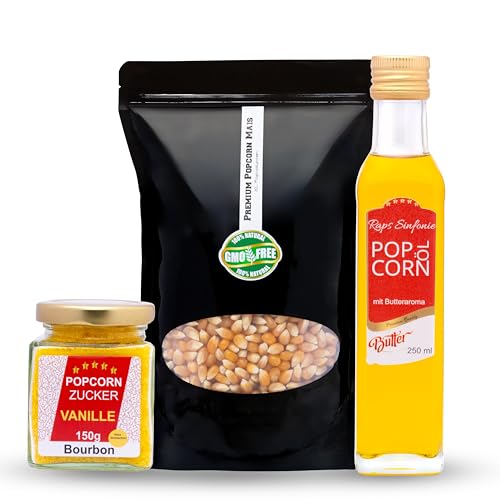 Hopser Food Fun Partyset 500g Premium Puffmais,250ml Popcornöl mit Butteraroma und 150g Popcorn Vanille Zucker Popcornset für Popcornmaschine von Hopser Food Fun