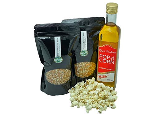 Hopser Food Fun Partyset Popcorn Zutaten 2 x 500g Premium Popcorn Mais, 500ml Popcornöl mit feinem natürlichem Butter-Aroma Popcornset für Popcornmaschine von Hopser Food Fun