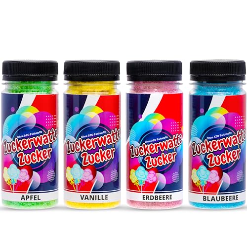Hopser Food Fun Zuckerwatte Zucker Set 4 Sorten, Blaubeere, Apfel,Erdbeere,Vanille, je 100g für Zuckerwatte Maschine AZO Frei Aromazucker Farbzucker Backen Dekorieren von Hopser Food Fun