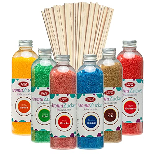 Partyset 6 x 230 Gramm Zuckerwatte Zucker für Zuckerwattemaschine Inklusive 100 Zuckerwattestäbe von Hopser Food Fun