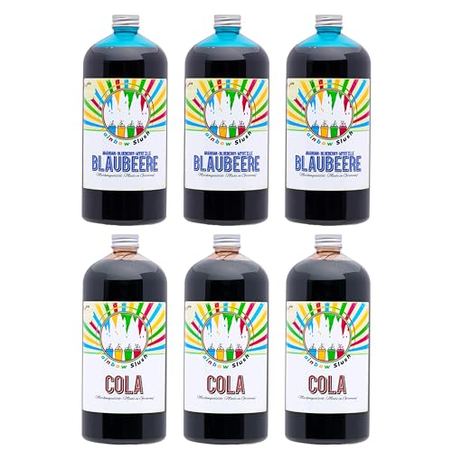 Rainbow Slush Sirup AZO FREI | 6x1 Liter Flasche | Konzentrat für Slushy Maker Eis Slushmaschinen Eismaschinen Getränke 1:5 bis 1:20 (3xBlaubeere/3xCola) von Hopser Food Fun